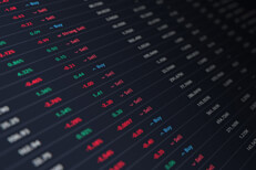 Stock ticker with stock prices, percentage change, buy and sell recommendations, and market capitalization