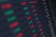 Stock ticker listings with focus on buy/sell recommendations with other information blurred