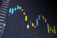 Blue and yellow candlestick chart showing stock price volatility