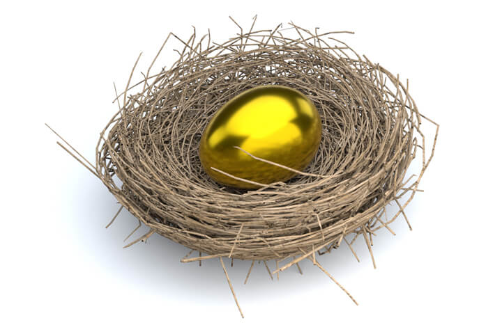 Golden egg in a nest isolated on white background concept representing retirement nest egg
