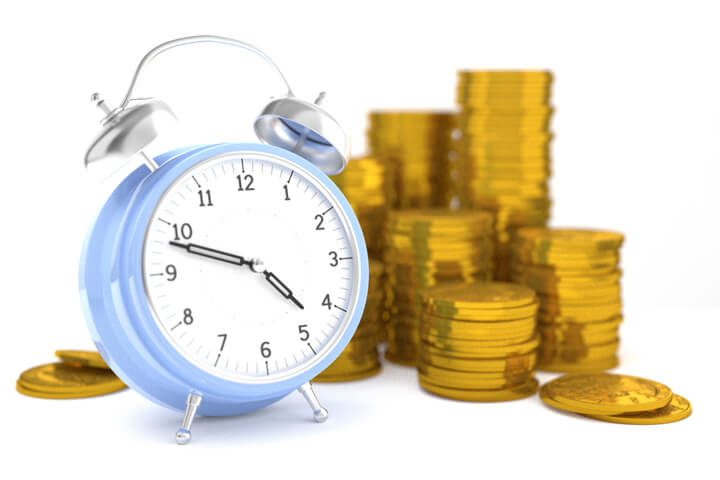 Clock with stacks of gold coins isolated on white background concept for time is money, retirement, or compound interest