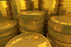 Close up view of stacks of 100 dollar U.S. gold coins