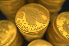 Close-up image of stacks of 100 dollar U.S. gold coins