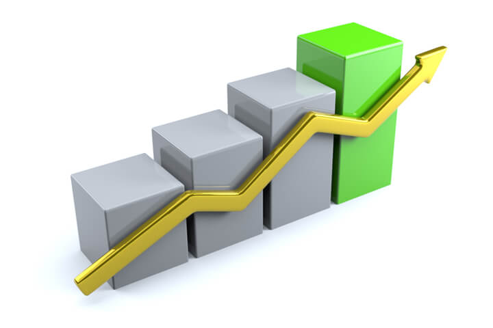 Column chart with up arrow representing increase in value or markets over time