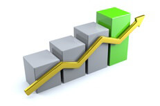 Column chart with up arrow representing increase in value or markets over time