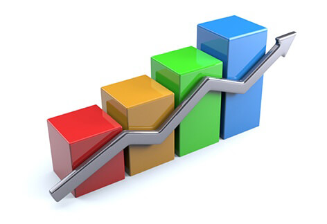 Colorful column chart with upward trending arrow concept for higher returns, higher markets, or good investments