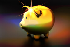 Metallic gold piggy bank with light burst and overlay effect