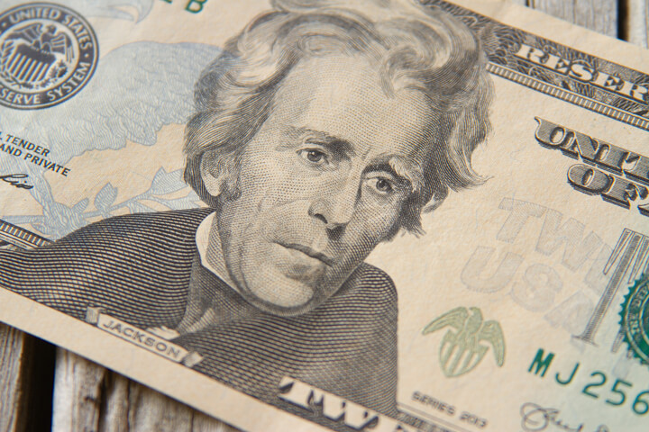 Single twenty dollar bill showing President Jackson on wood background
