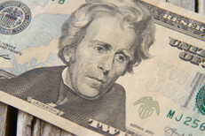 Single twenty dollar bill showing President Jackson on wood background