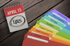 Taxes due April 15th Overhead view of day calendar showing April 15th with colorful tax category folders fanned