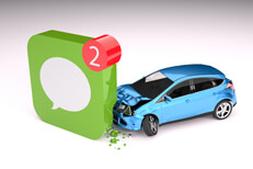 Blue compact car crashed into corner of cell phone message app icon texting while driving concept on white background