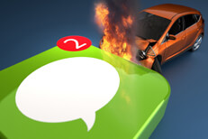 Messaging app icon crash Texting while driving concept image showing vehicle on fire after crashing into side of imessage icon with message indicator