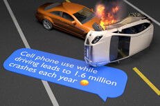Two car accident with fire on highway and chat message showing how many accident are caused by cell phone distraction