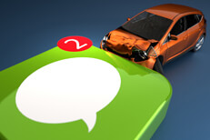 Concept image for texting while driving showing small car crashed into side of reflective messaging app icon
