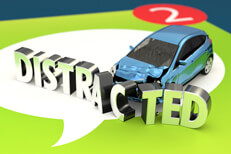 Small car crashed into displaced DISTRACTED letters on messaging app icon with new message indicator