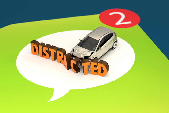 Large message app icon with small car crashed into DISTRACTED letters on top