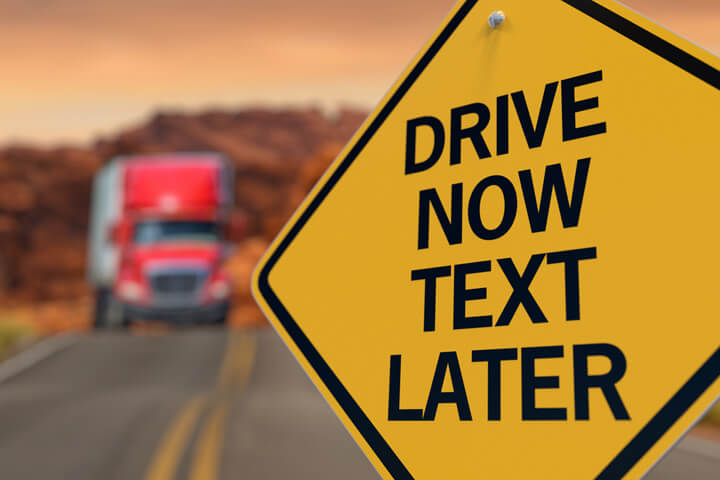 Road sign reading drive now text later with large semi burred in distance