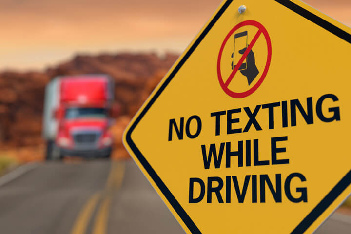 Yellow road sign reading No Texting While Driving with no texting icon and oncoming semi truck in background