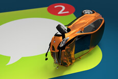Rollover accident from texting Small car with rollover damage from being distracted with large messenger app icon underneath