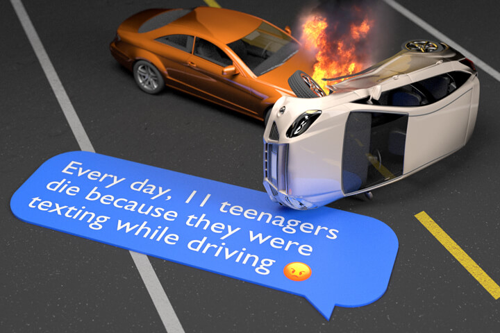 Two car accident with flames next to text bubble showing number of teenager killed each year while texting and driving