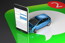 Car crashed into upright cell phone with texting screen on top of large message app icon