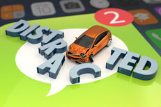 Distracted driving with app icons Car crashing through DISTRACTED letters with mobile app icons in background