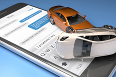 Two car accident on cell phone with screen showing text messages